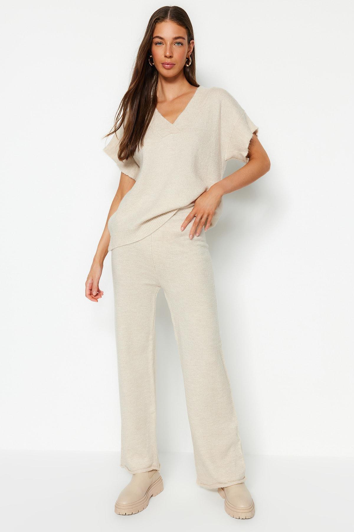 Beige V-Neck Co-Ord Set, , large image number 0