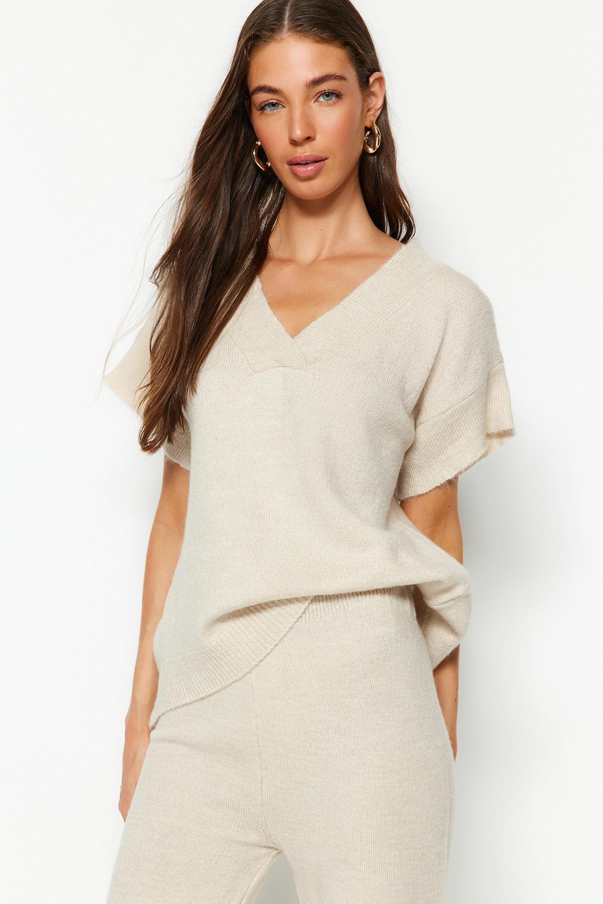 Beige V-Neck Co-Ord Set, , large image number 1