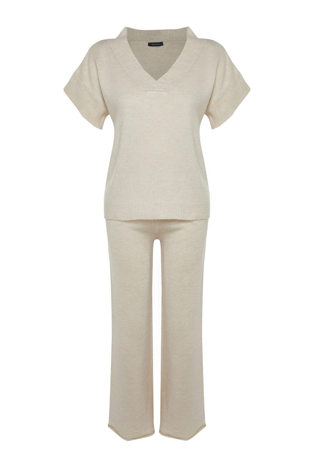 Beige V-Neck Co-Ord Set, , large image number 6