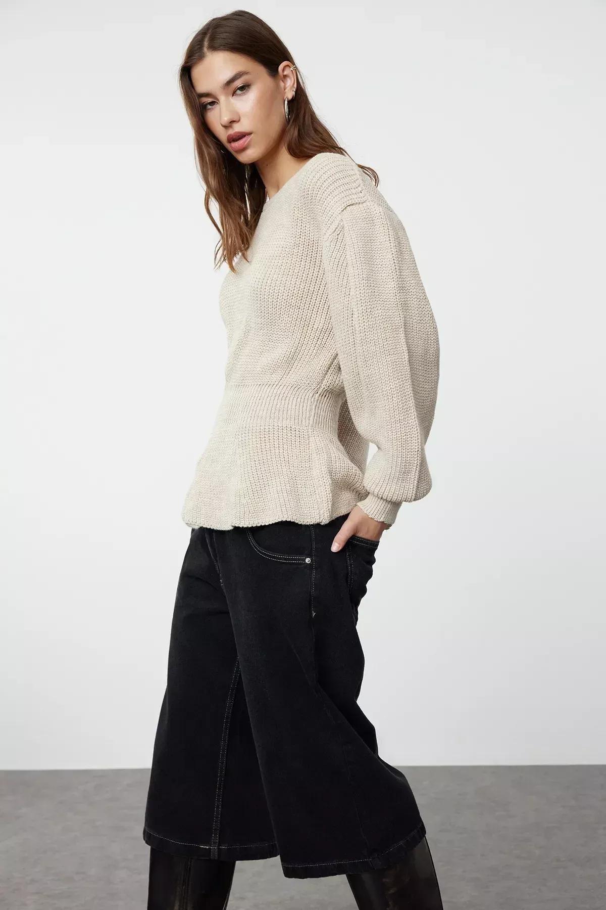 Beige-Grey Ribbed Sweater, STONE, medium
