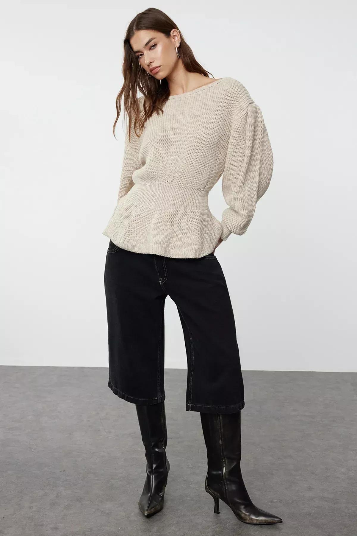 Beige-Grey Ribbed Sweater, STONE, large image number 1