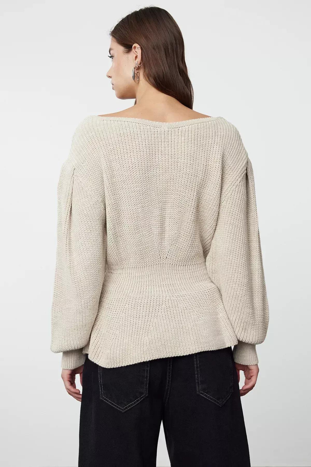 Beige-Grey Ribbed Sweater, STONE, large image number 4