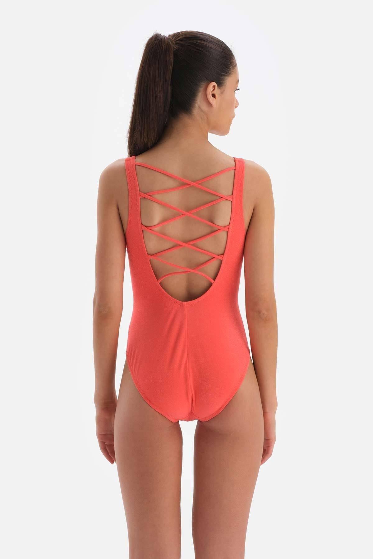 Dagi - Orange U-Neck Plain Swimsuit