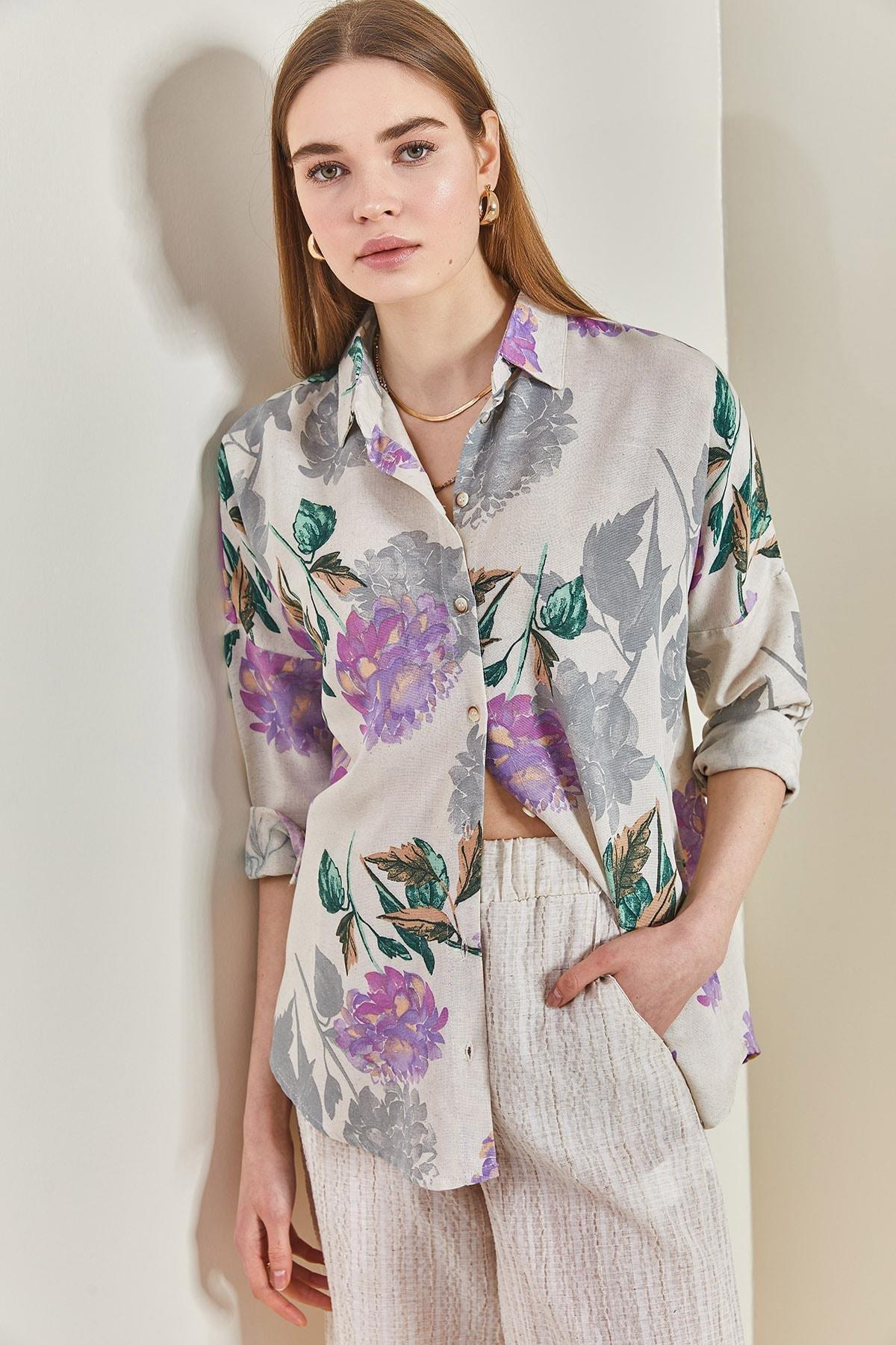 Lilac Multi Patterned Oversize Shirt, , large image number 0