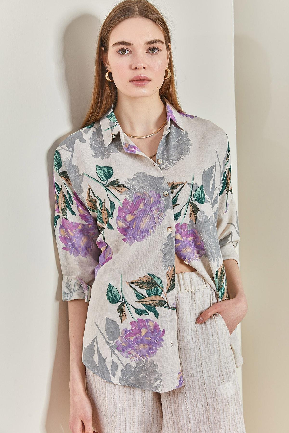 Lilac Multi Patterned Oversize Shirt, , large image number 1