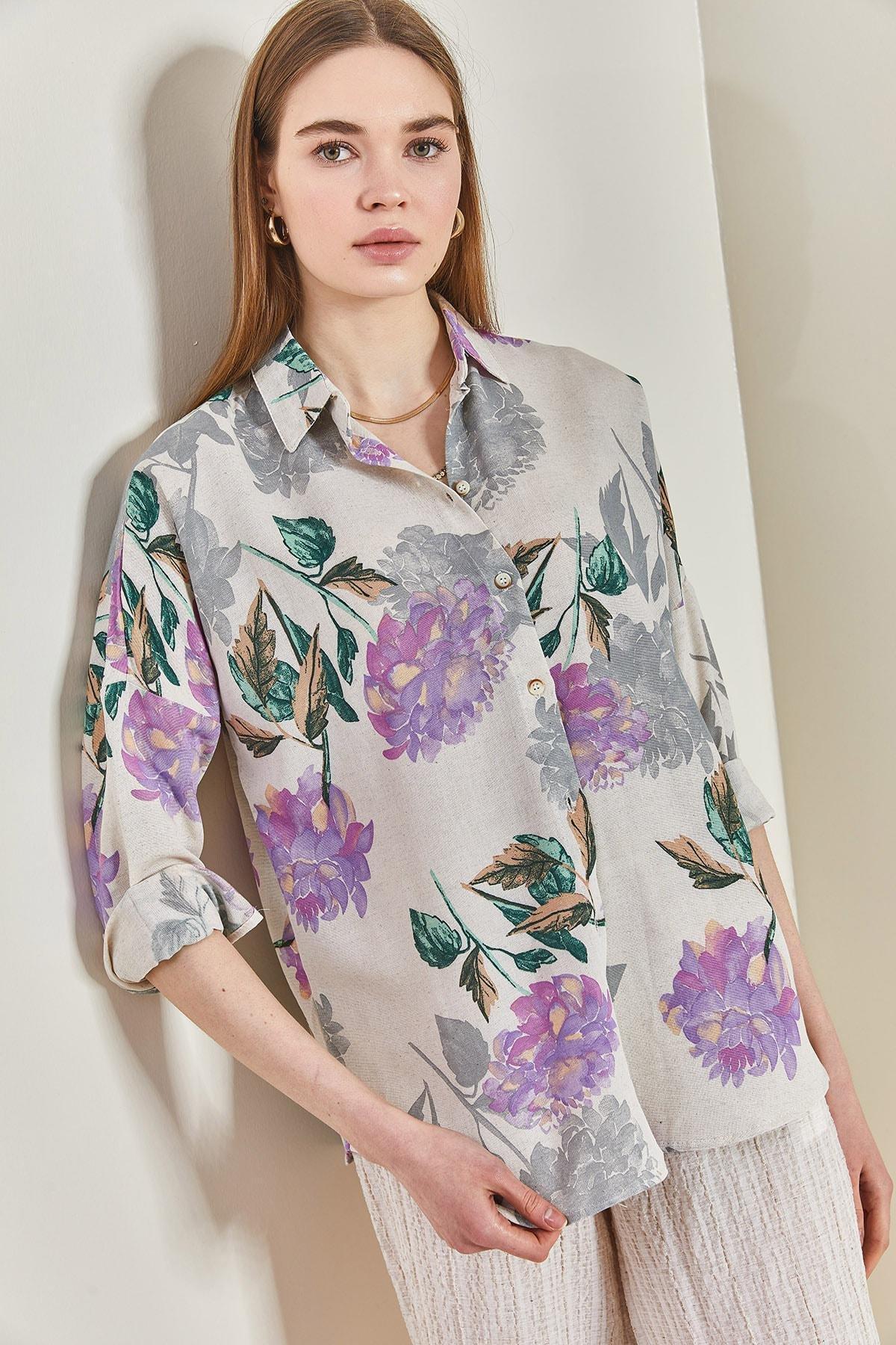 Lilac Multi Patterned Oversize Shirt, , large image number 2
