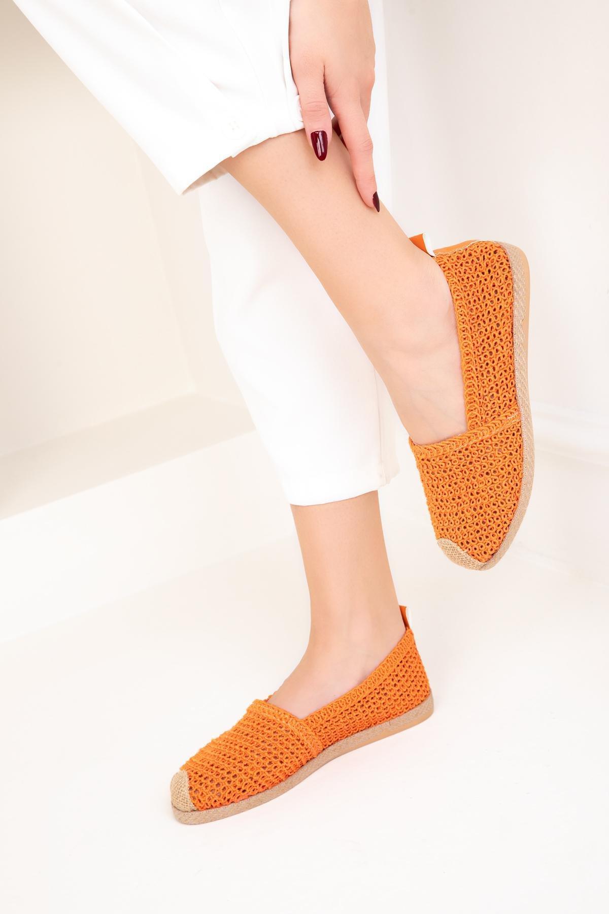 Orange Knitted Flats, Orange, large image number 0