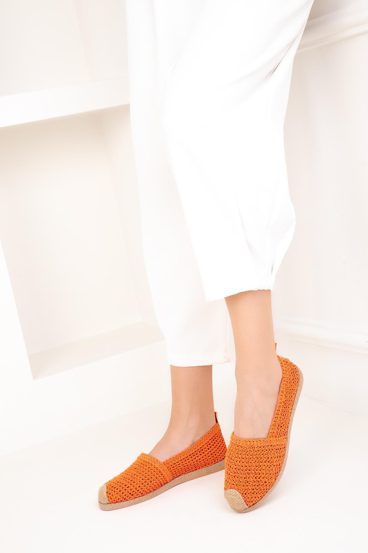 Orange Knitted Flats, Orange, large image number 1