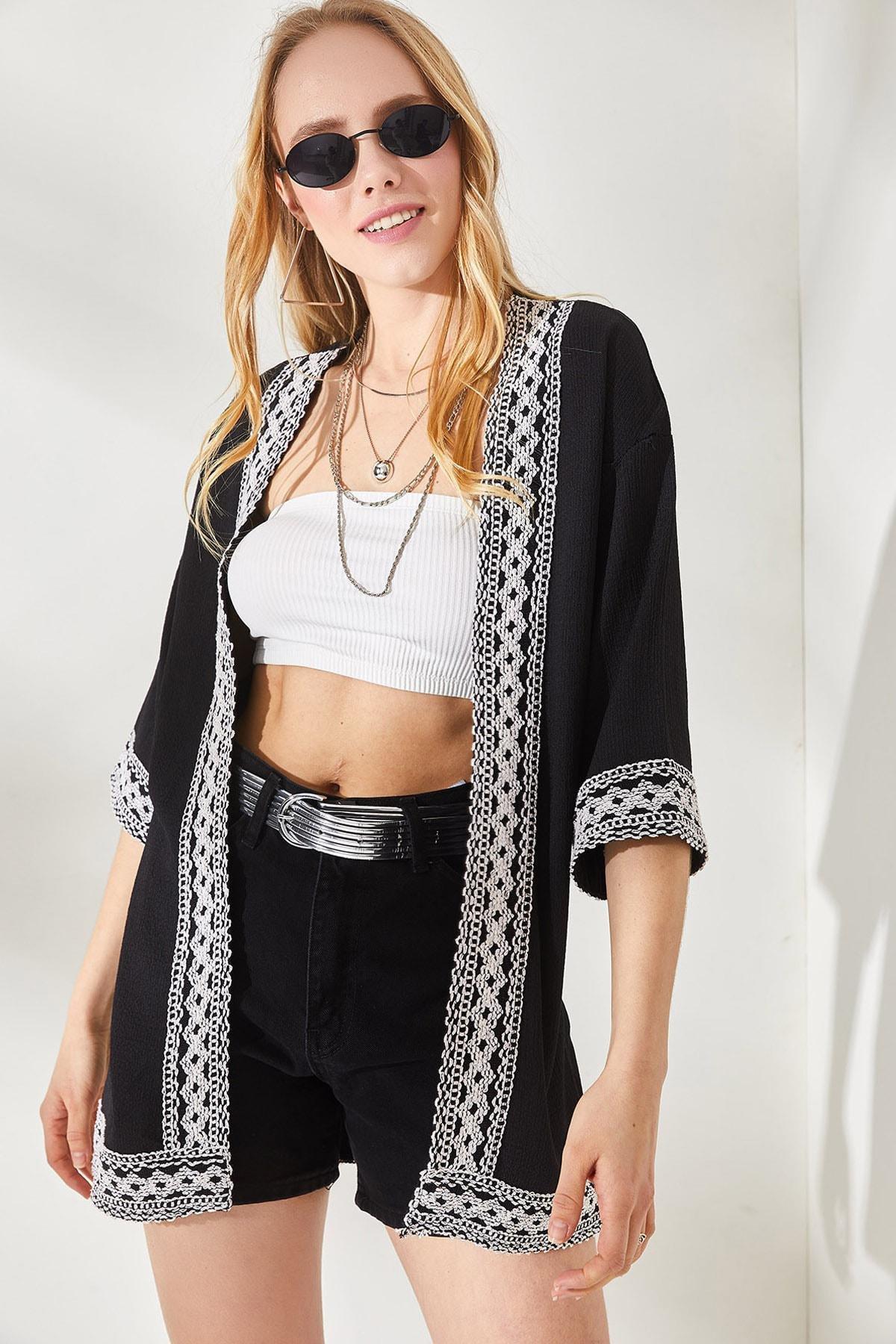 Black Kimono With Hem Details, , large image number 0
