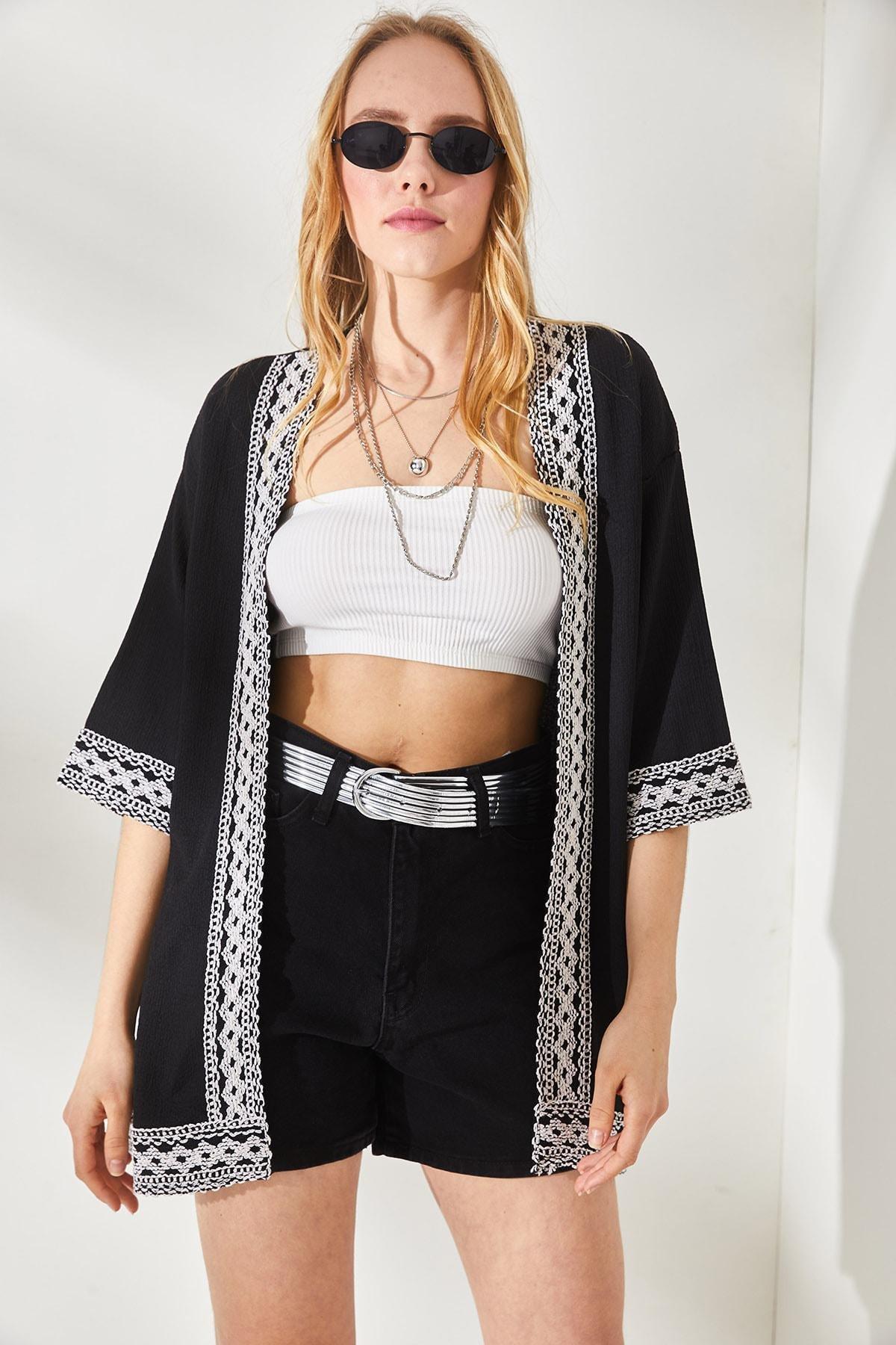 Black Kimono With Hem Details, , large image number 1