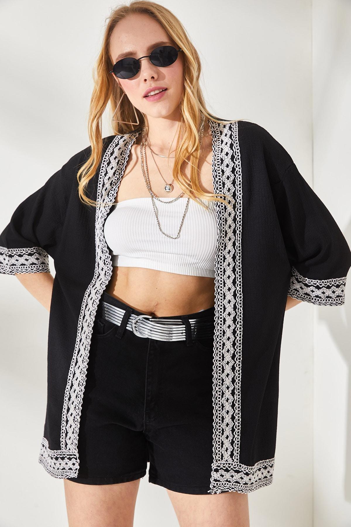 Black Kimono With Hem Details, , large image number 3