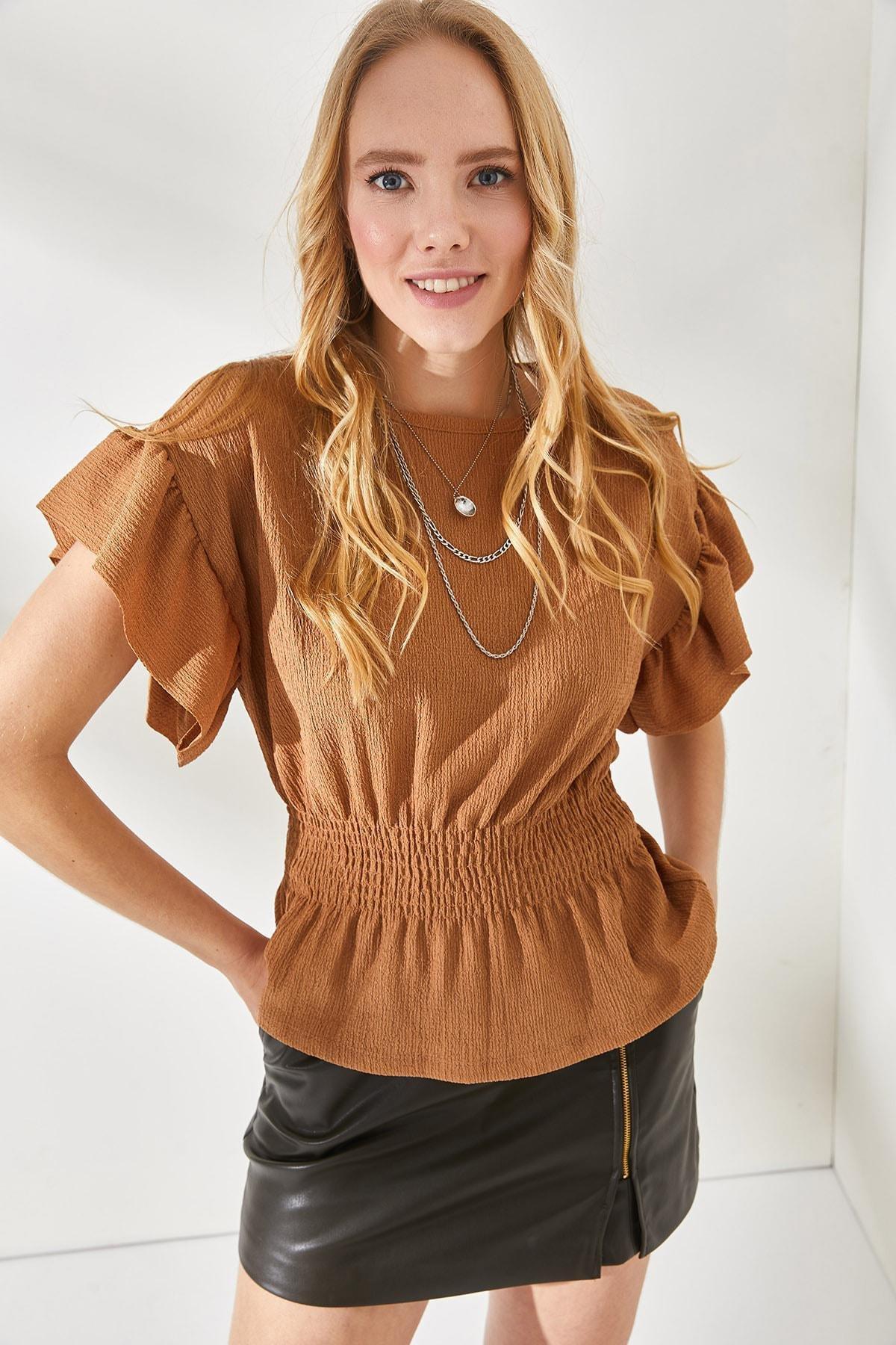 Brown Elastic Waist Blouse, CAMEL, medium