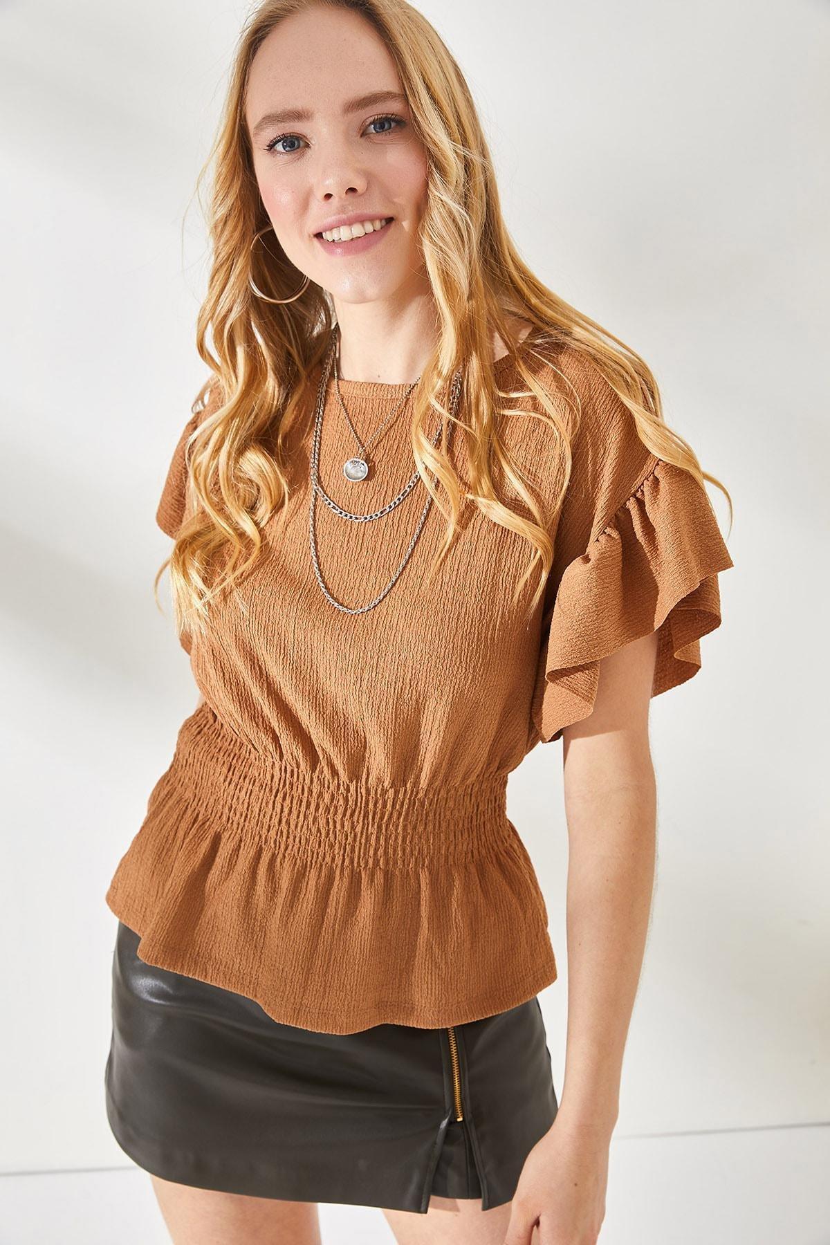 Brown Elastic Waist Blouse, CAMEL, medium