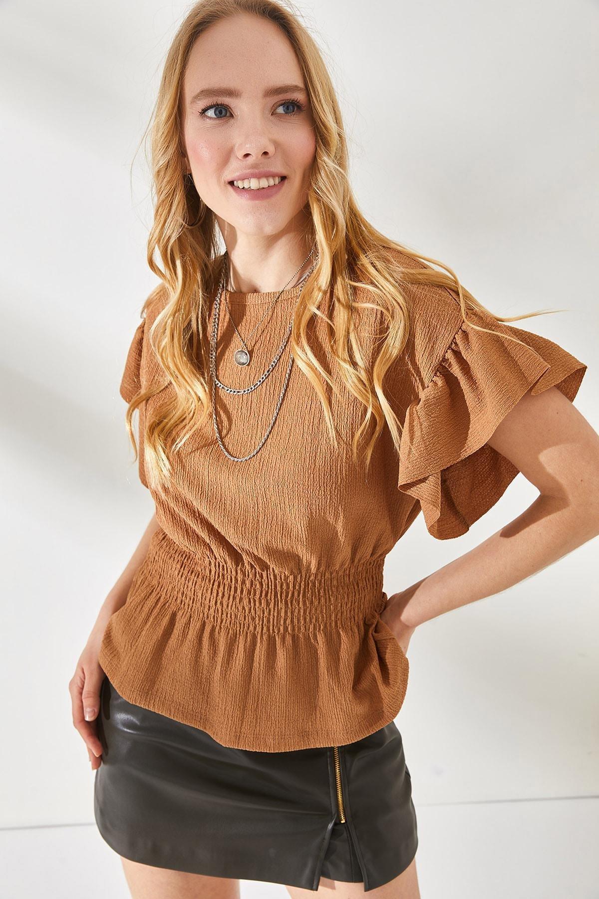 Brown Elastic Waist Blouse, CAMEL, medium
