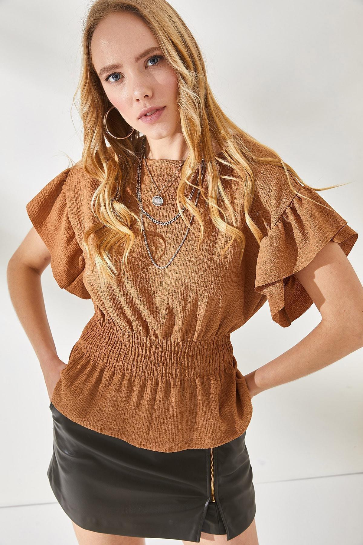 Brown Elastic Waist Blouse, CAMEL, large image number 3