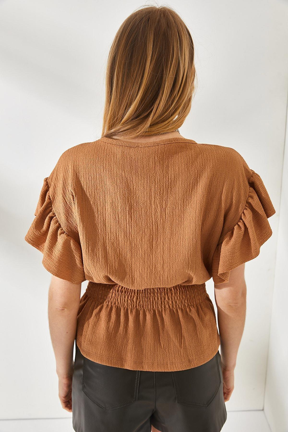 Brown Elastic Waist Blouse, CAMEL, large image number 4