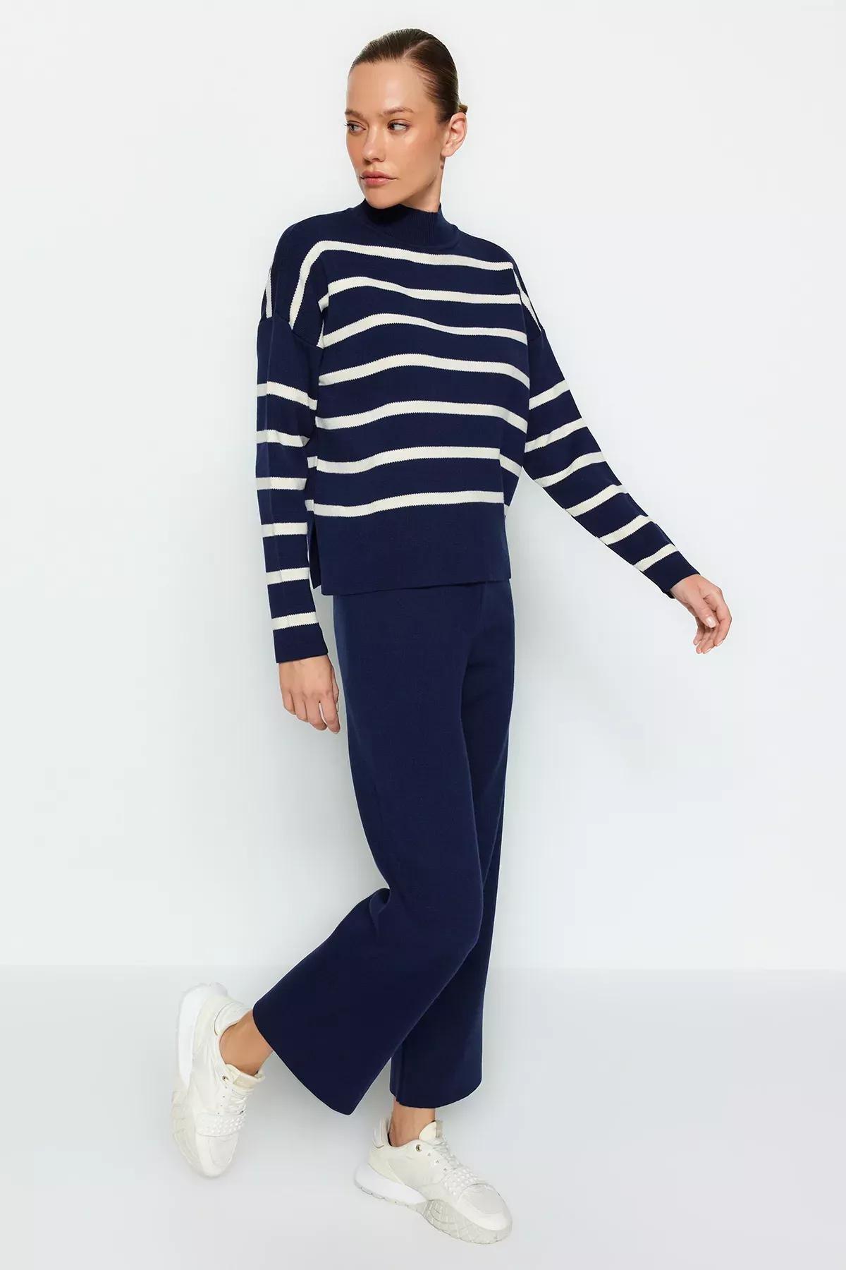 Navy striped sweater bottom top, , large image number 0