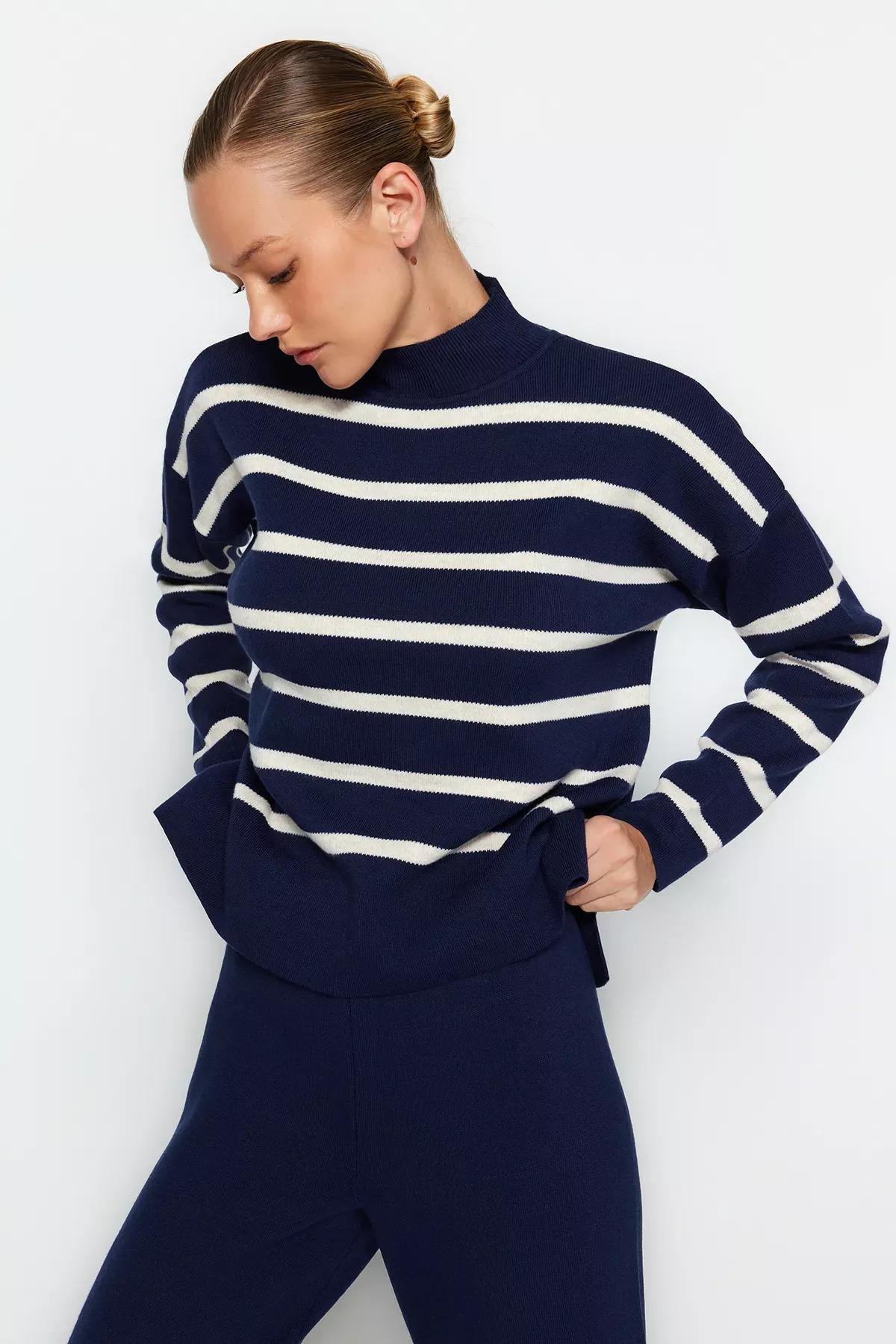 Navy striped sweater bottom top, , large image number 1