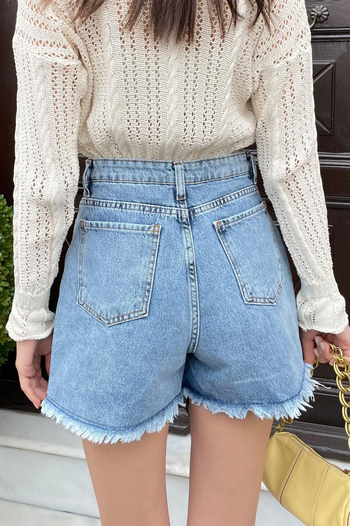 Blue High Waist Denim Shorts, , large image number 4
