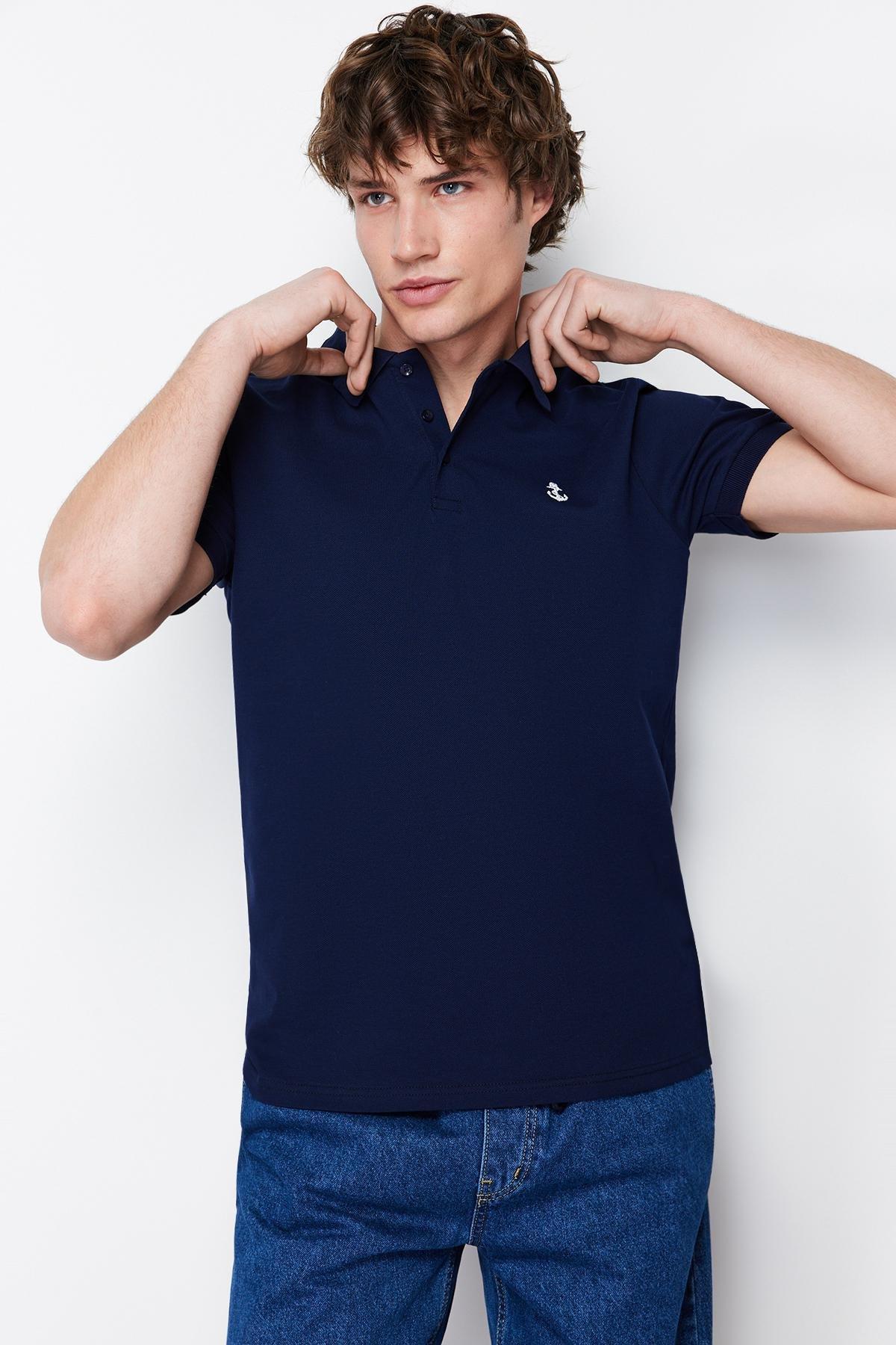 Navy Textured Cotton Polo Collar T-Shirt, , large image number 0