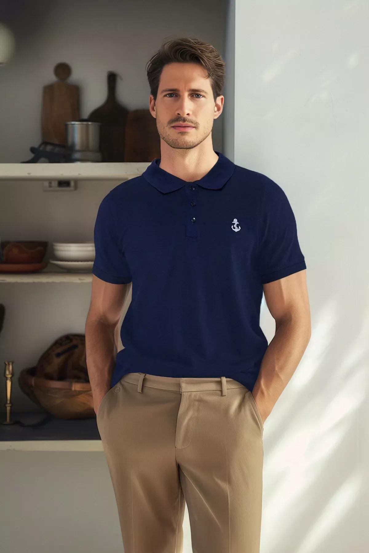 Navy Textured Cotton Polo Collar T-Shirt, Navy blue, medium