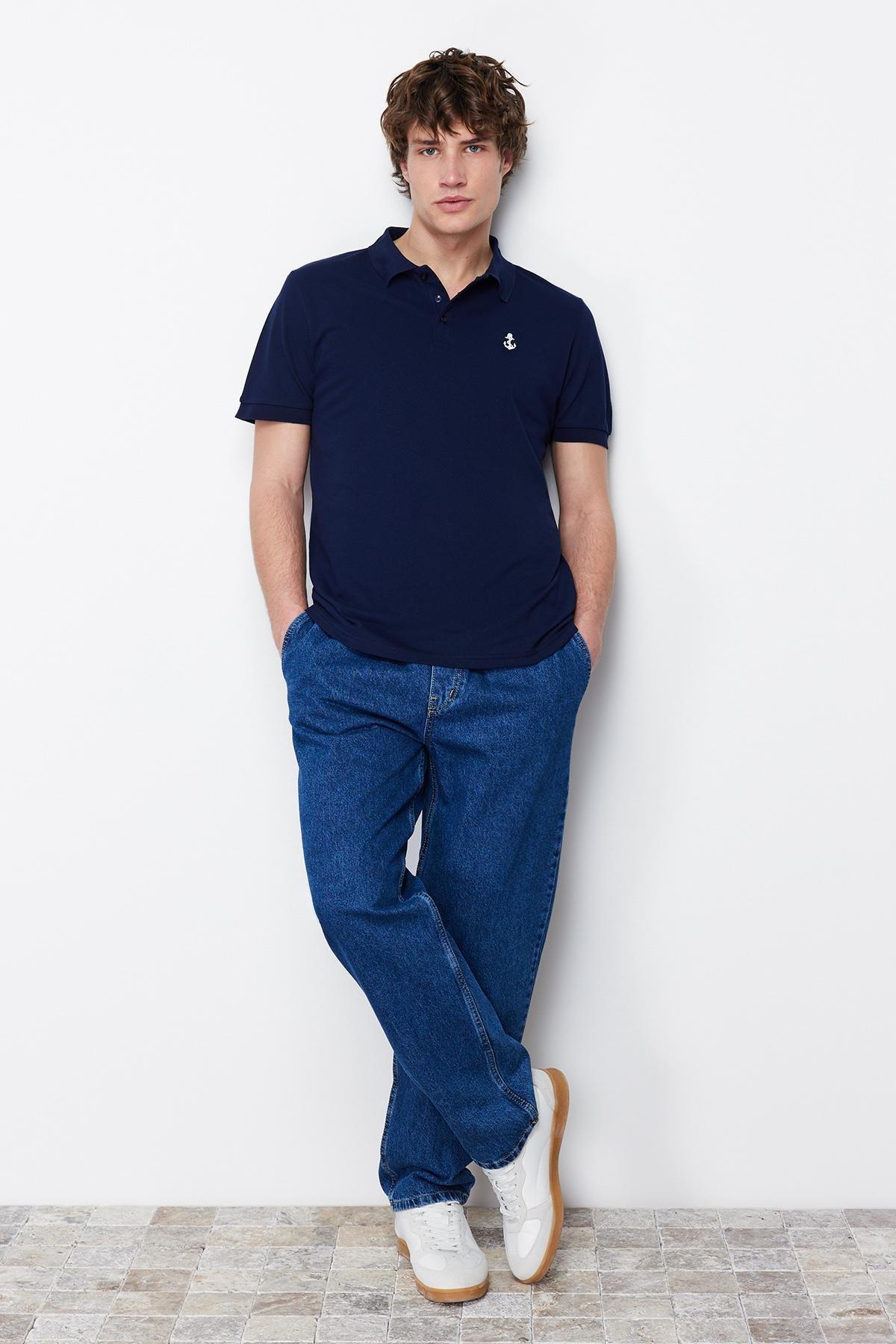 Navy Textured Cotton Polo Collar T-Shirt, , large image number 1