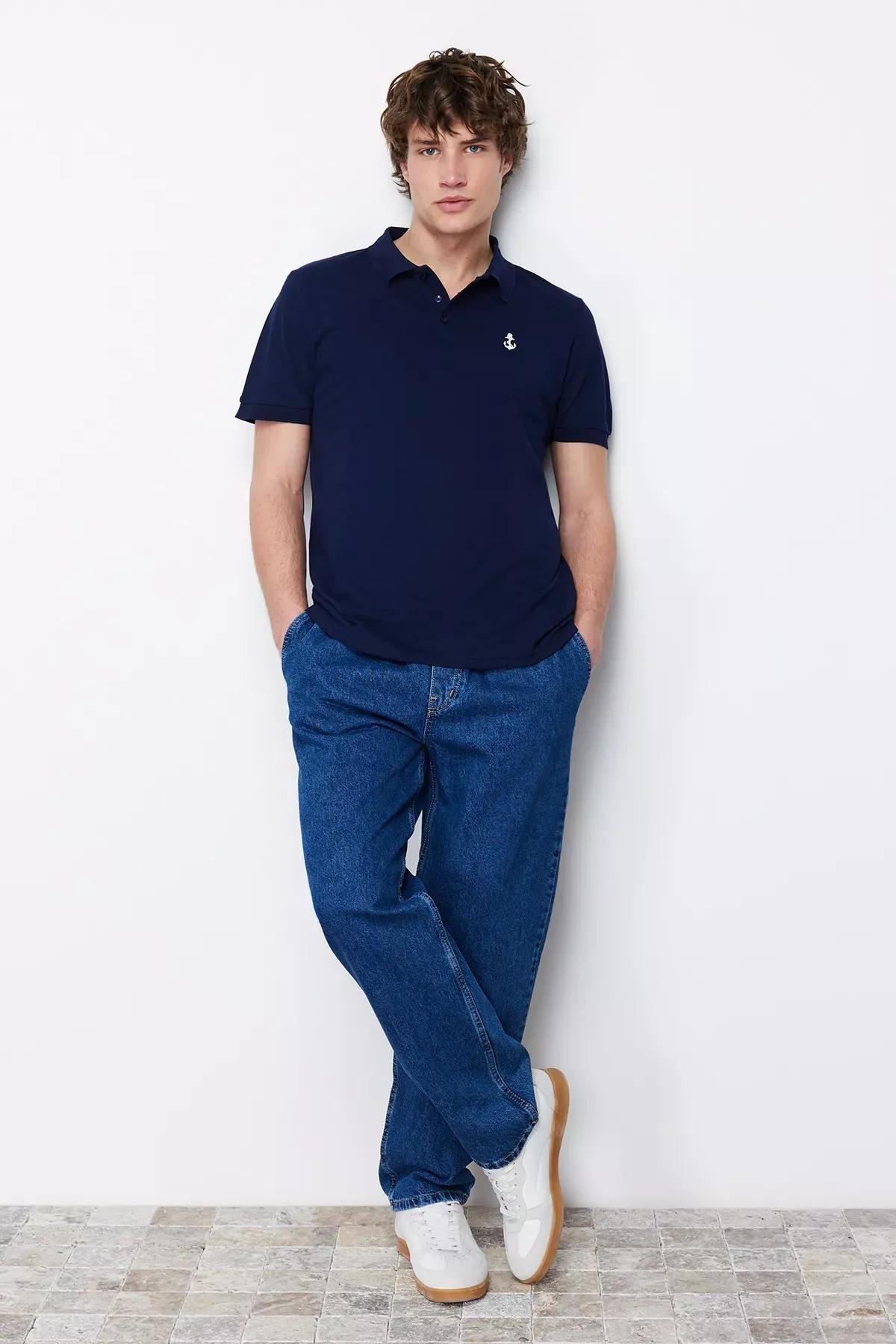 تيشيرت بياقة بولو بملمس بارز، كحلي, Navy blue, large image number 1