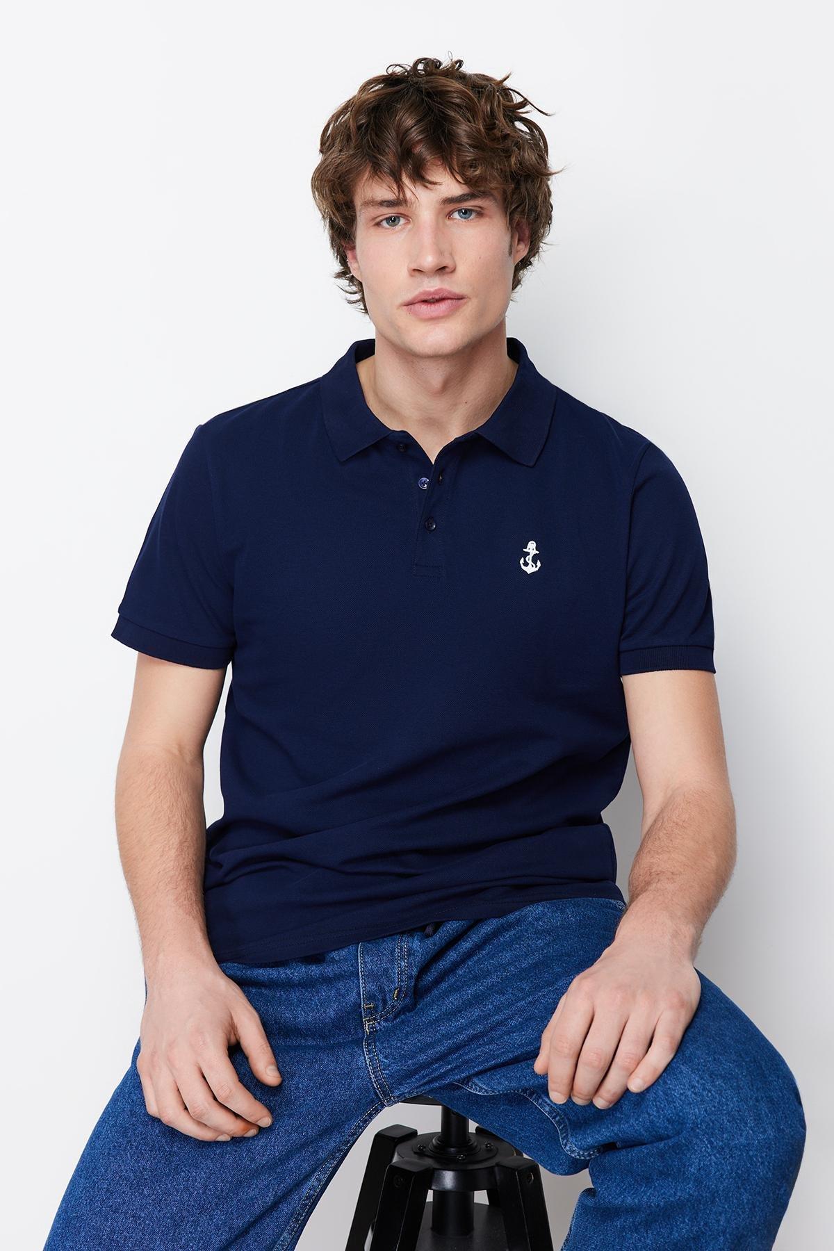 Navy Textured Cotton Polo Collar T-Shirt, , large image number 2