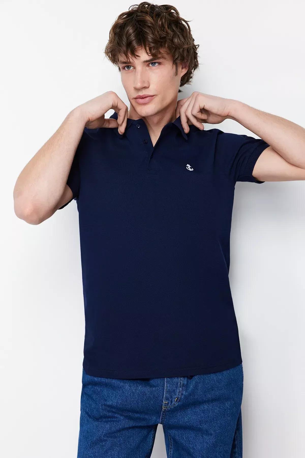 Navy Textured Cotton Polo Collar T-Shirt, Navy blue, medium