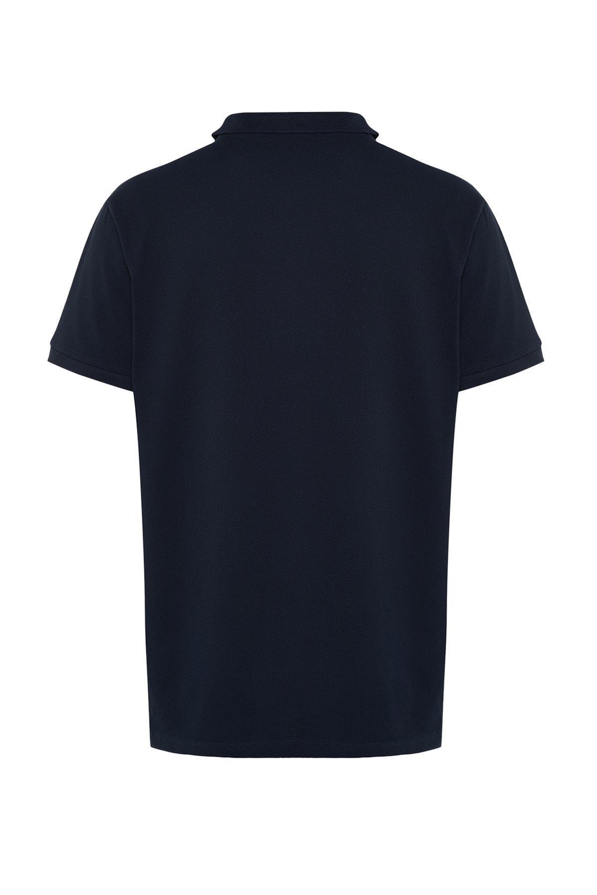 Navy Textured Cotton Polo Collar T-Shirt, , large image number 3