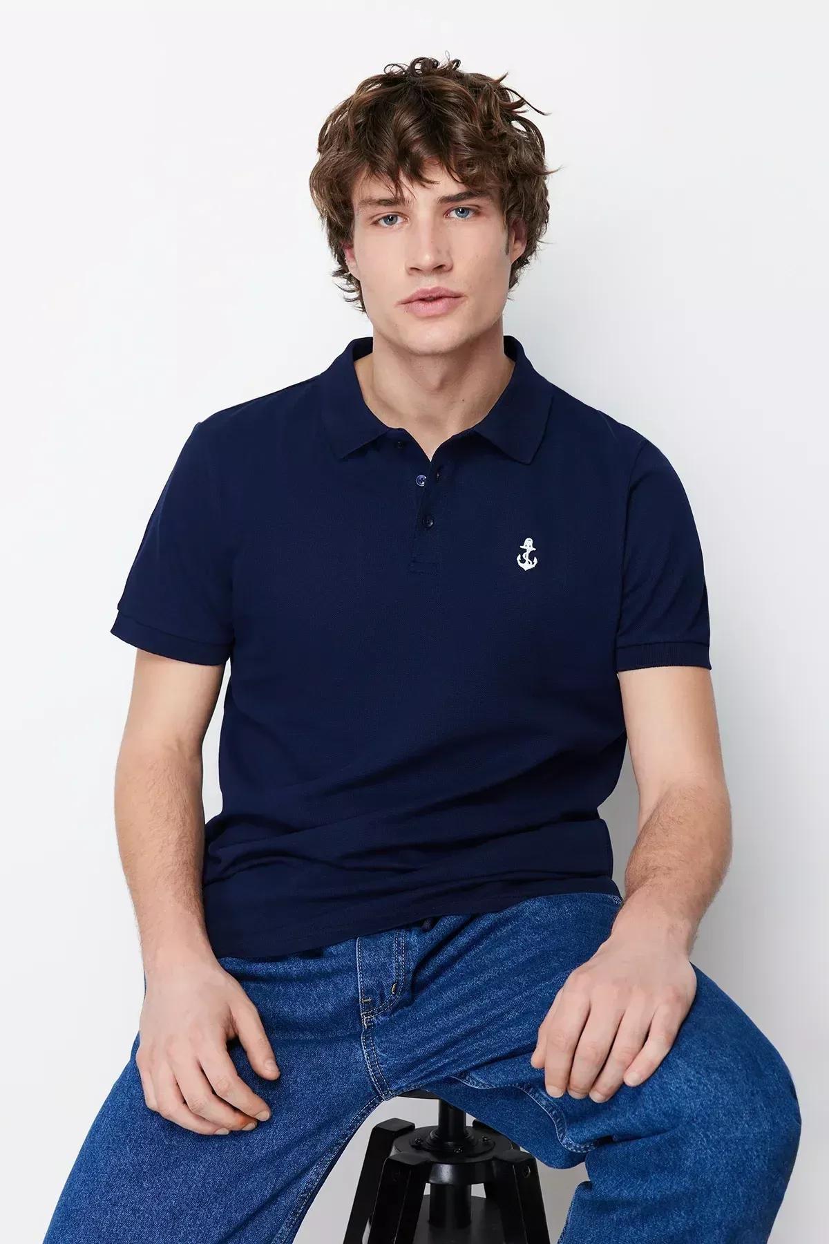 تيشيرت بياقة بولو بملمس بارز، كحلي, Navy blue, large image number 3