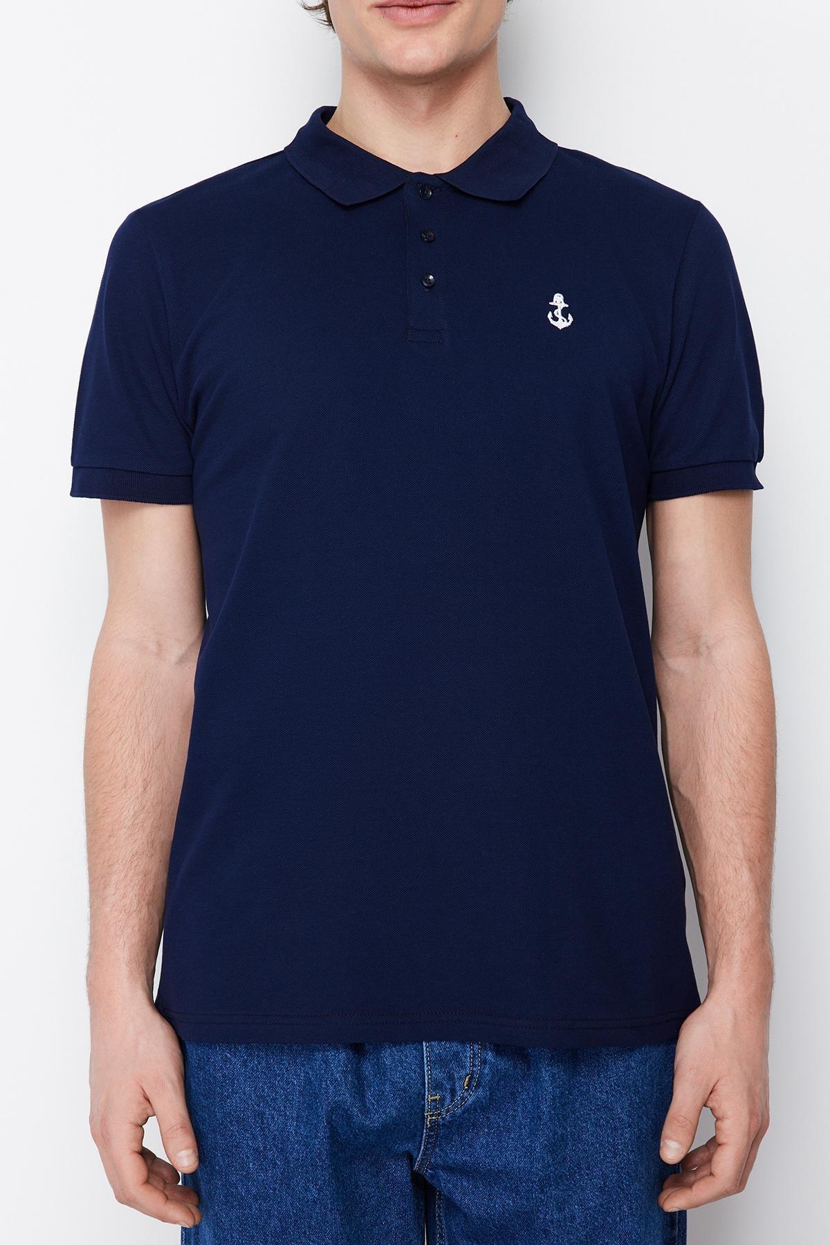 Navy Textured Cotton Polo Collar T-Shirt, , large image number 4
