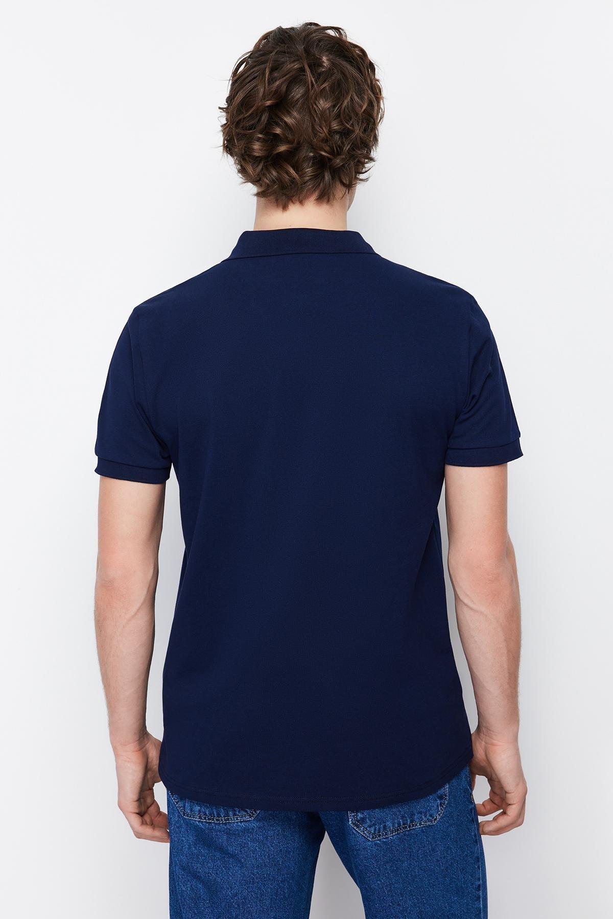 Navy Textured Cotton Polo Collar T-Shirt, , large image number 5