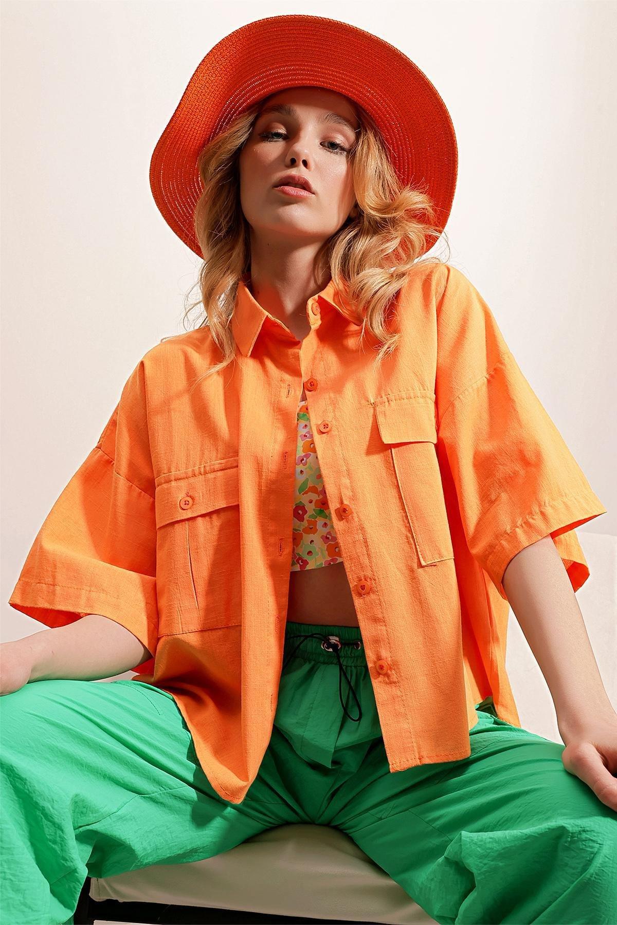 Orange Double Pocket Half-Sleeve Linen Shirt, , large image number 0