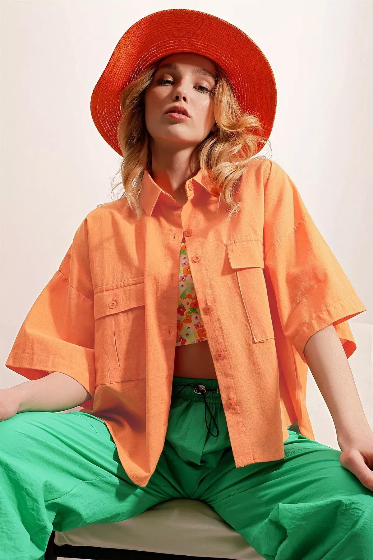 Orange Double Pocket Half-Sleeve Linen Shirt, , medium