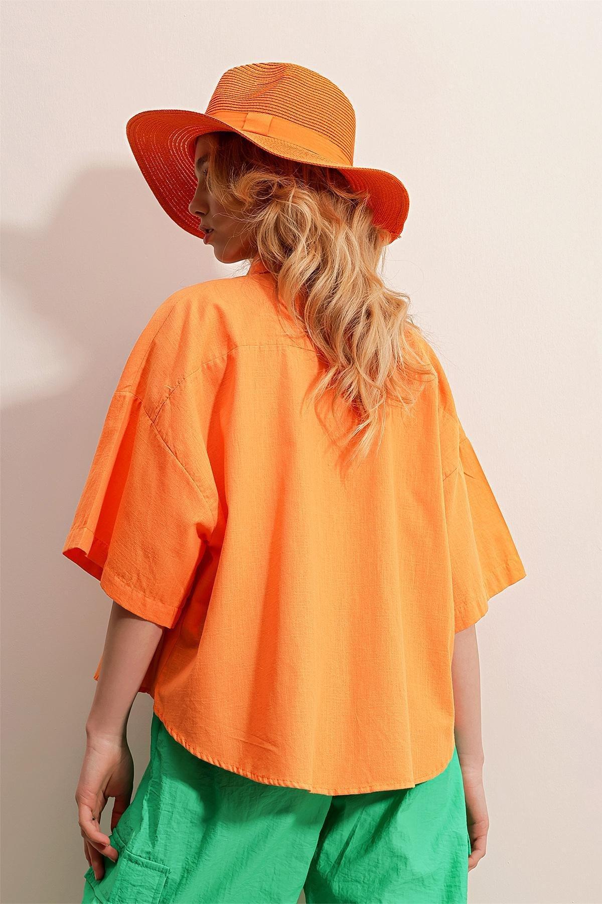 Orange Double Pocket Half-Sleeve Linen Shirt, , large image number 1
