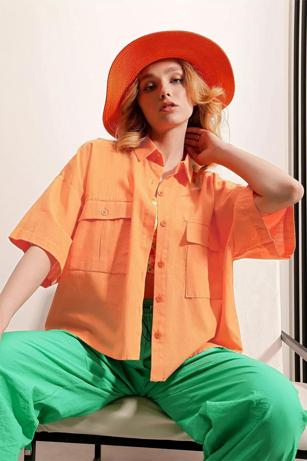 Orange Double Pocket Half-Sleeve Linen Shirt, Orange, large image number 1