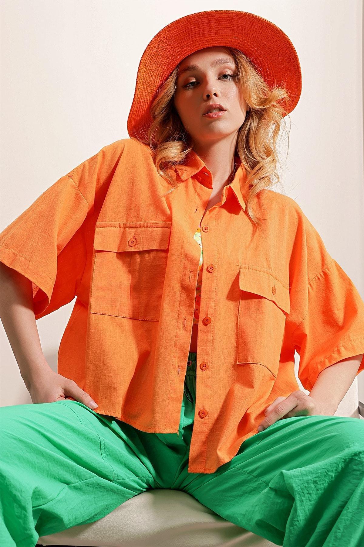 Orange Double Pocket Half-Sleeve Linen Shirt, , large image number 2