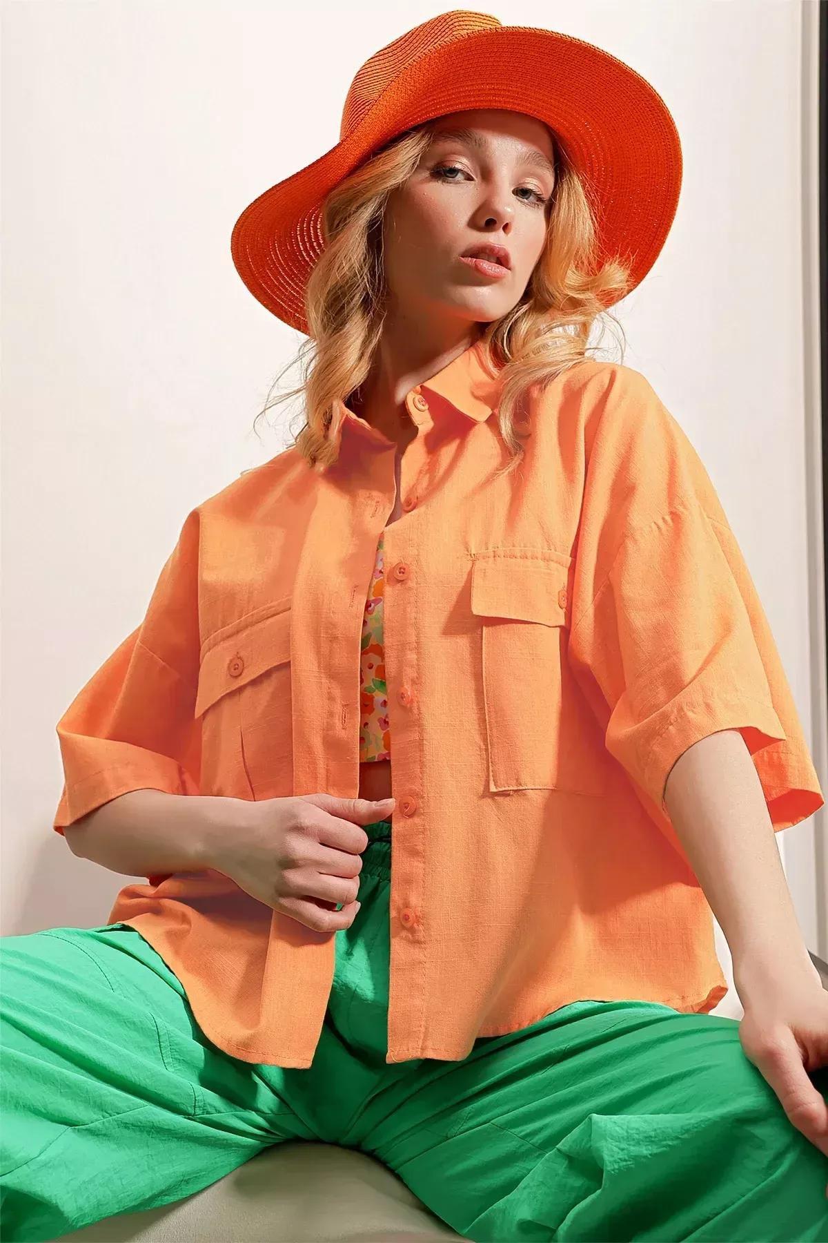 Orange Double Pocket Half-Sleeve Linen Shirt, Orange, large image number 2