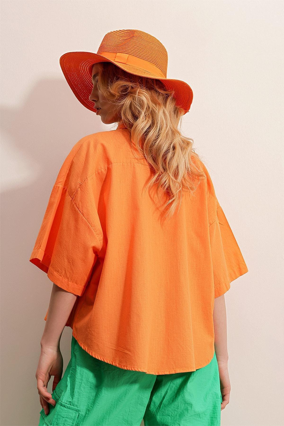 Orange Double Pocket Half-Sleeve Linen Shirt, , large image number 3