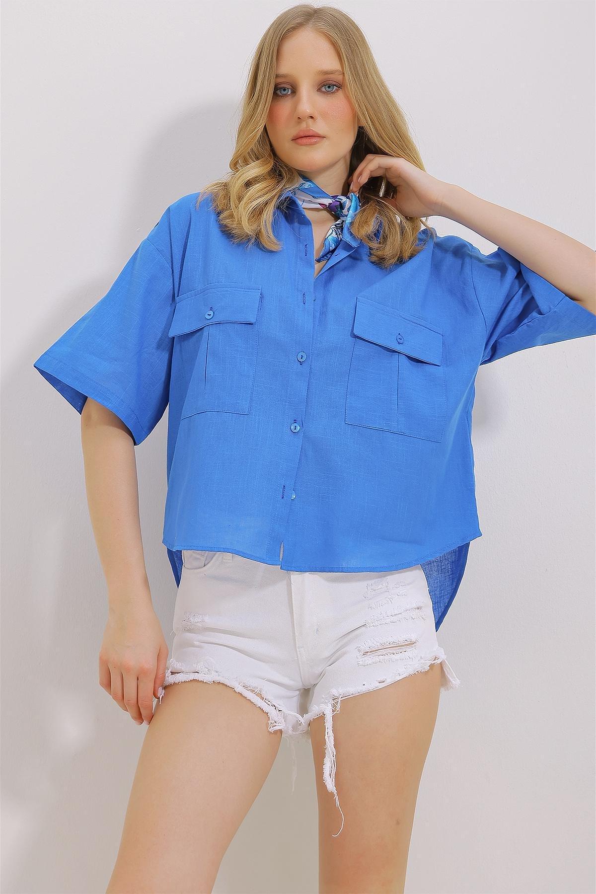 Blue Double Pocket Half Sleeve Shirt, Sax, large image number 1