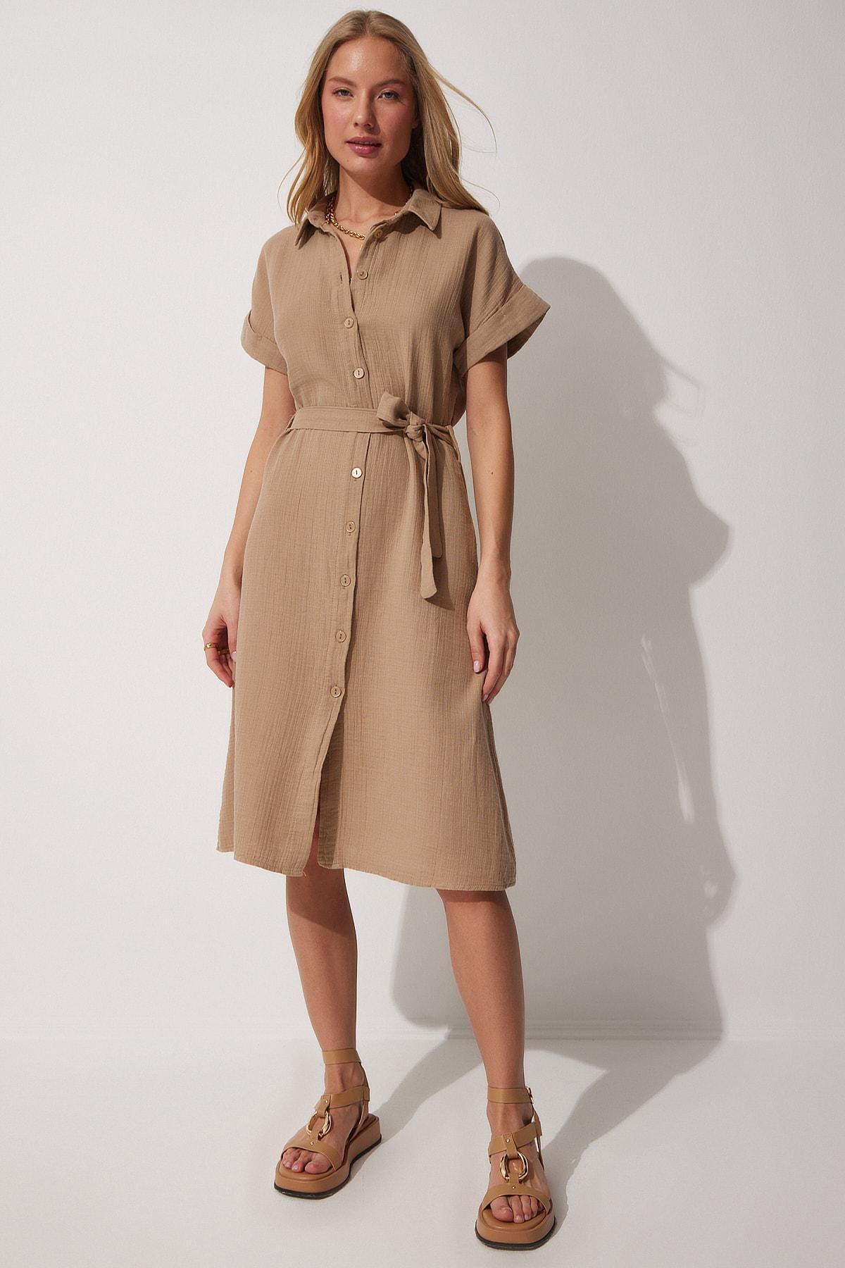 Beige Plain Shirt Dress, , large image number 0