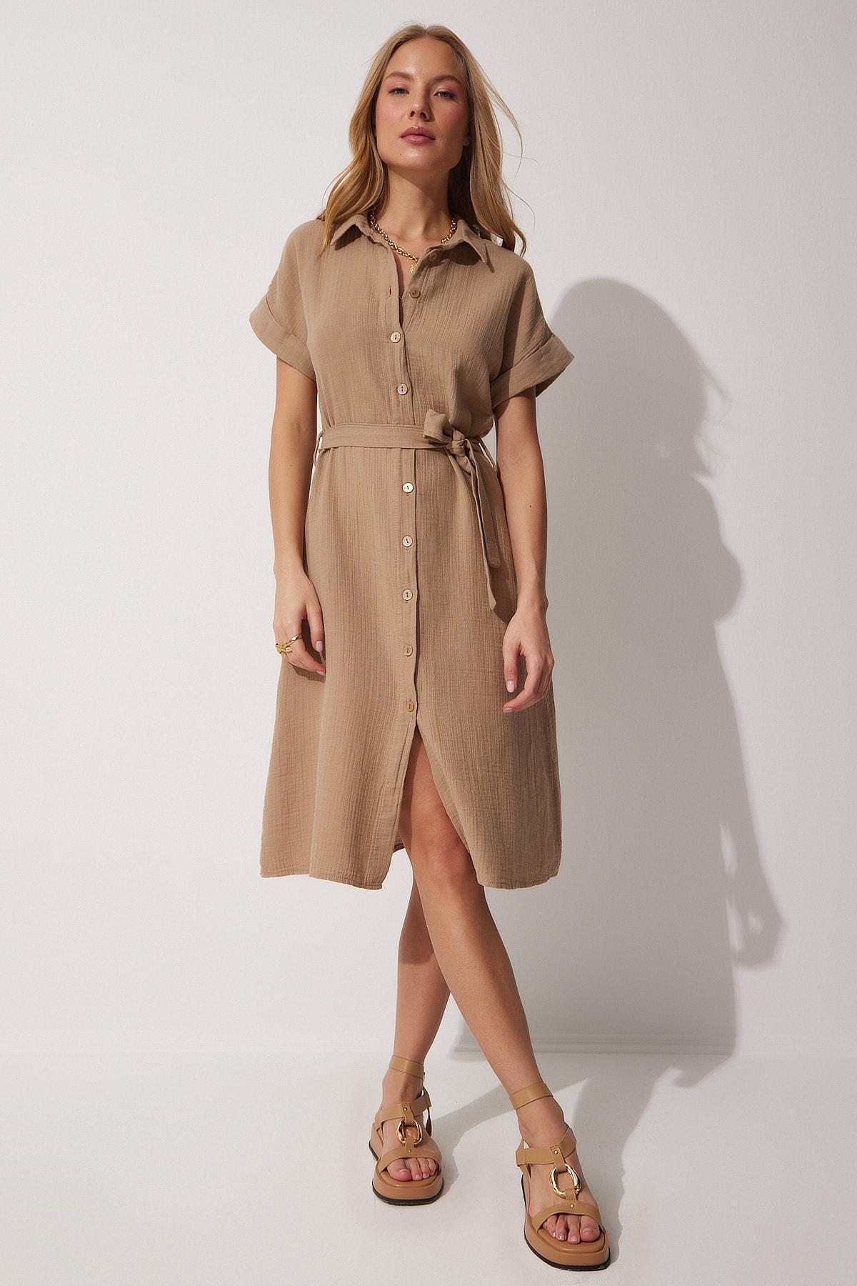 Beige Plain Shirt Dress, , large image number 1