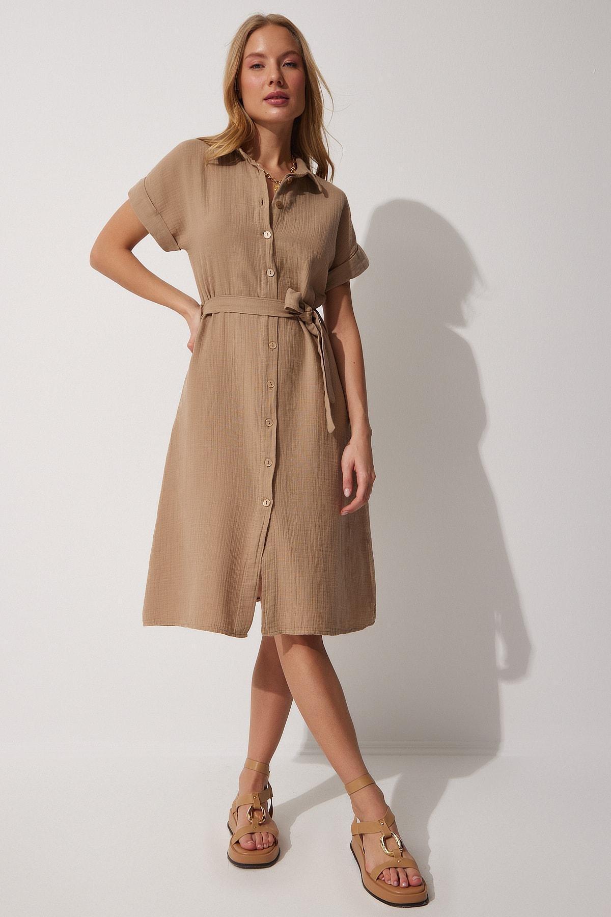 Beige Plain Shirt Dress, , large image number 2