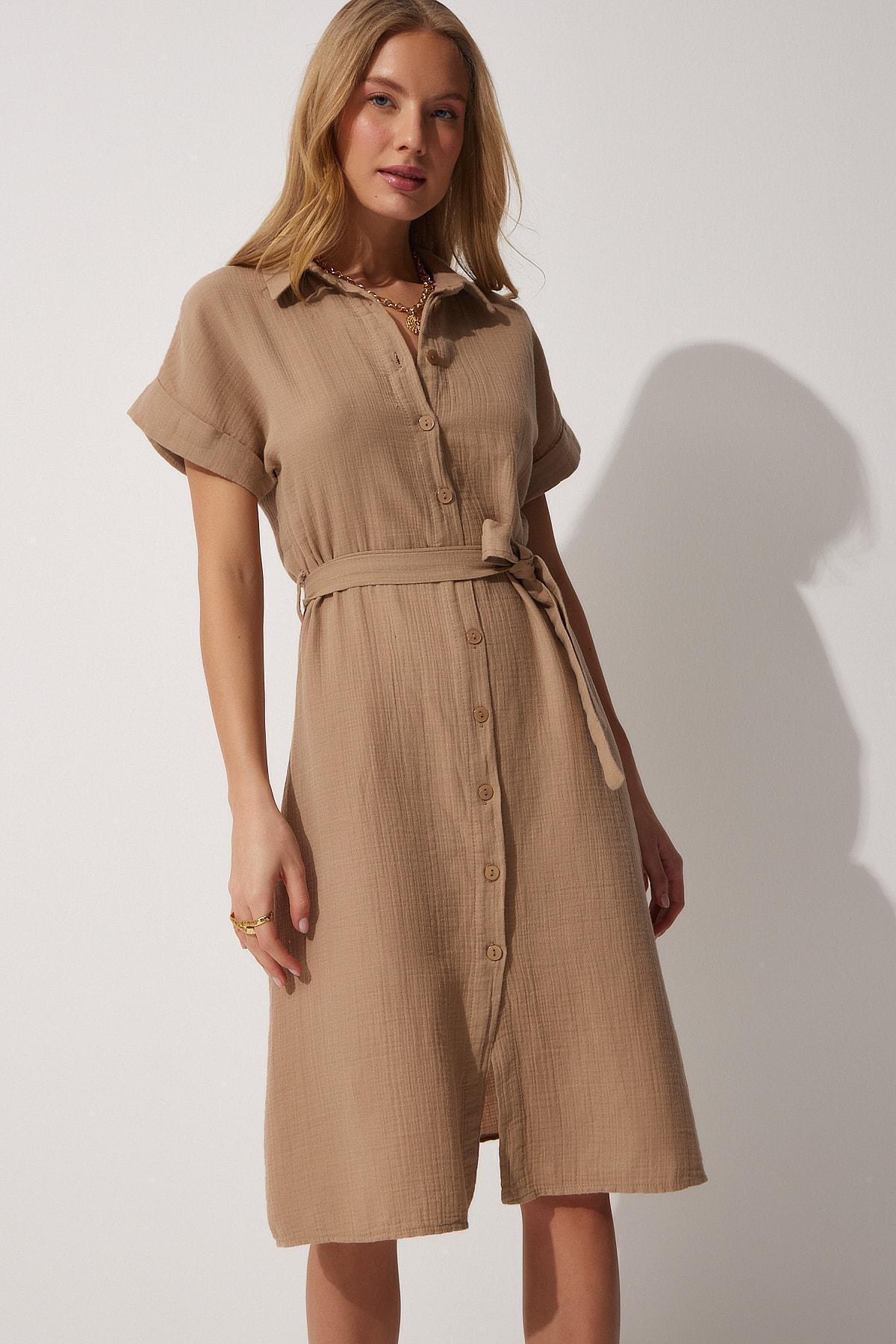 Beige Plain Shirt Dress, , large image number 3