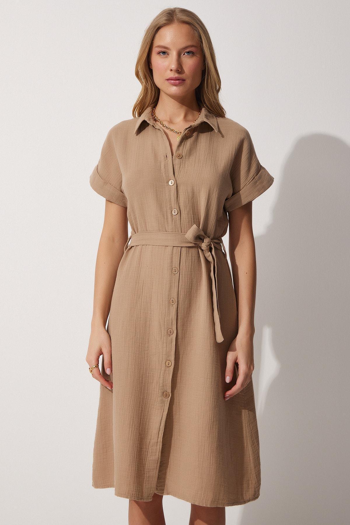 Beige Plain Shirt Dress, , large image number 4