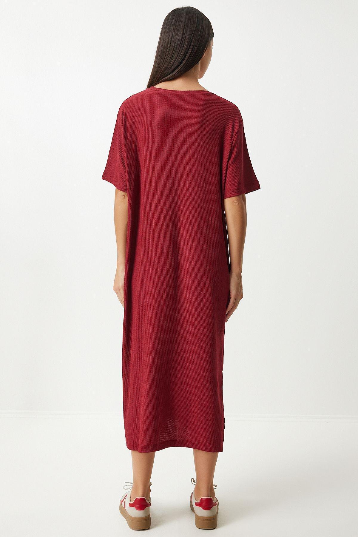 Burgundy Long Casual Knitted Dress, , large image number 1