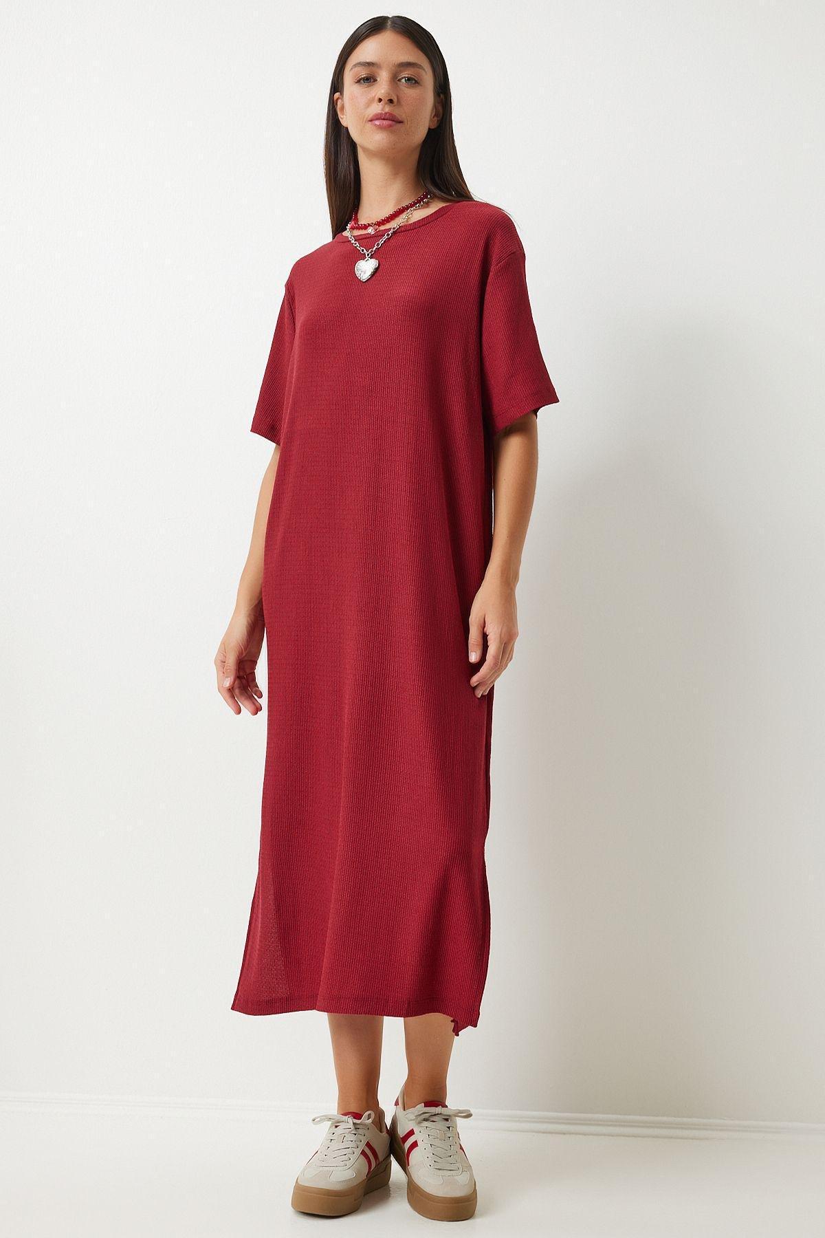 Burgundy Long Casual Knitted Dress, , large image number 2