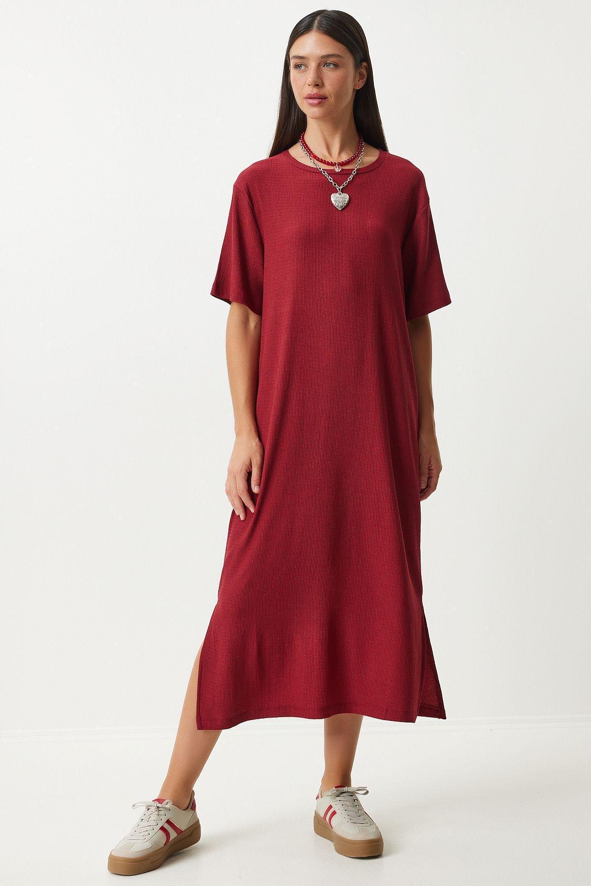 Burgundy Long Casual Knitted Dress, , large image number 4