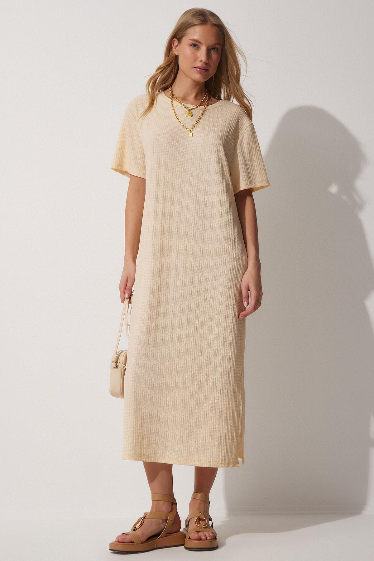 Beige Ribbed Shift Midi Dress, Cream, large image number 0